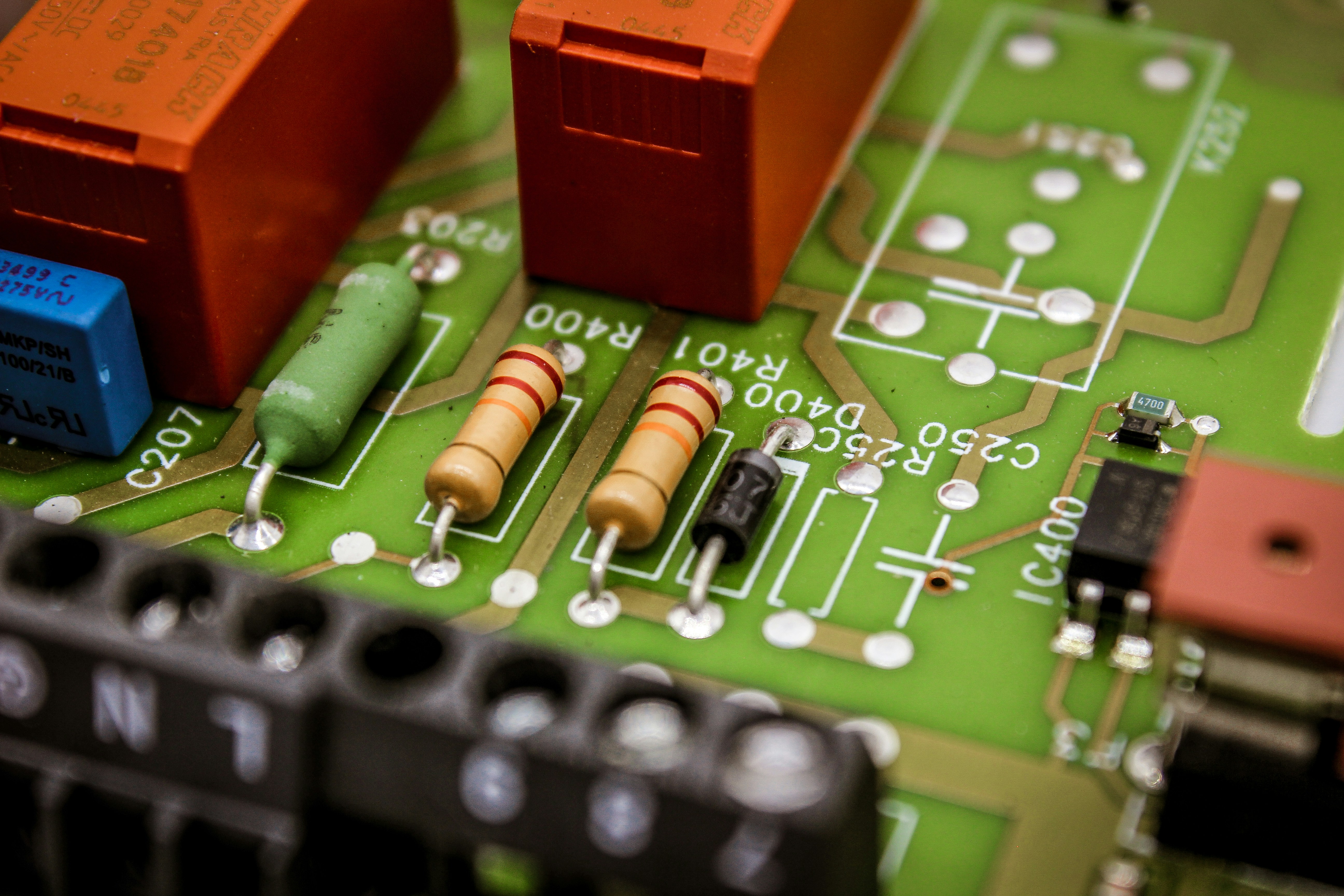 A Detailed View of Electrical Components on a Circuit Board